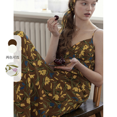 郁金香花卉印花吊带连衣裙