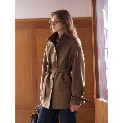 SimpleRetro焦糖可露丽 法式复古拼接皮领羊毛毛呢外套女收腰外套