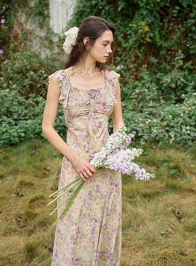 【3/23 0点新品9折】法式油画晕染碎花裙吊带连衣裙女清新茶歇裙