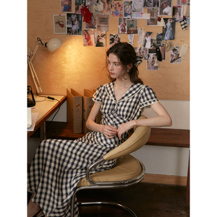 SimpleRetro法式花边海军领格纹连衣裙女斜裁气质a字裙