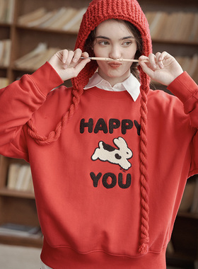 simpleretro×happy兔you红色卫衣女32支精棉保暖兔子本命年上衣