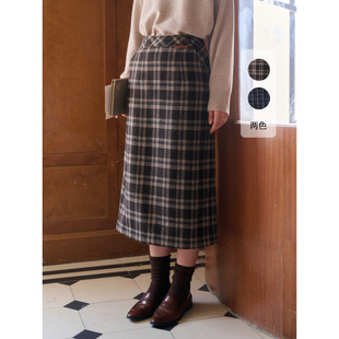 SimpleRetro初雪小镇 羊毛斜格定制格纹半身裙女复古高腰毛呢裙子
