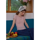 T恤女 拼接花边粉色夏日竖纹针织修身 SimpleRetro短袖 上衣柔软修身