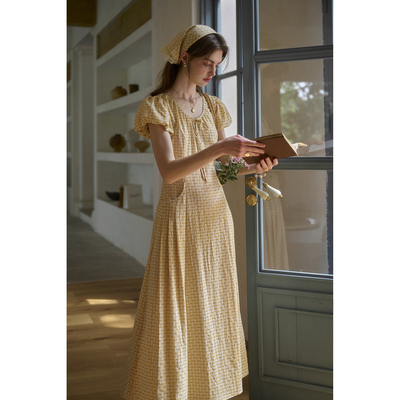 SimpleRetro塞纳梦影 波点植绒格纹法式连衣裙系带u领泡泡袖裙子