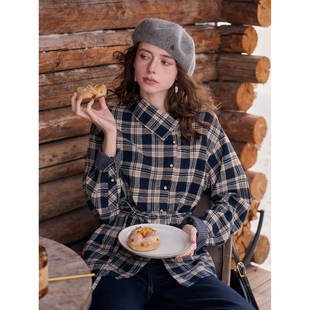 SimpleRetro巴黎戏院 法式复古斜襟翻领磨毛格纹衬衫女冬长袖衬衣