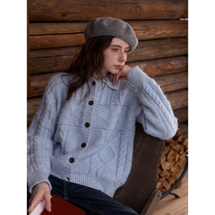 SimpleRetro海盐柠檬 女冬设计感温柔毛衣 慵懒风翻领绞花针织开衫