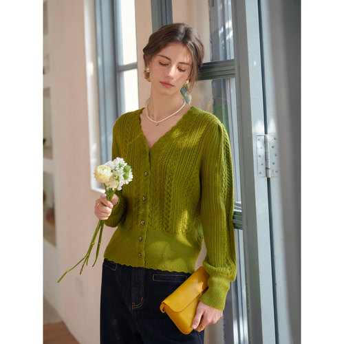 SimpleRetro法式柔绒 法式羊毛混纺V领泡泡袖针织开衫女绞花毛衣