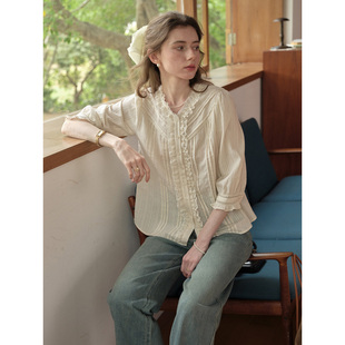 SimpleRetro提花全棉蕾丝木耳边打条衬衫女通勤法式小衫