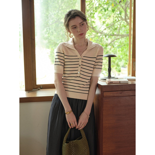 女T恤上衣 针织衫 SimpleRetro法式 老钱风条纹polo领短袖