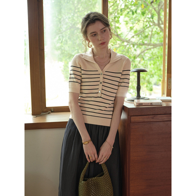 SimpleRetro法式老钱风条纹polo领短袖针织衫女T恤上衣