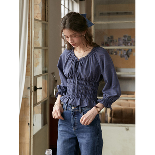 SimpleRetro晚山烟水 全棉设计感打揽收腰格子衬衫女短款法式小衫