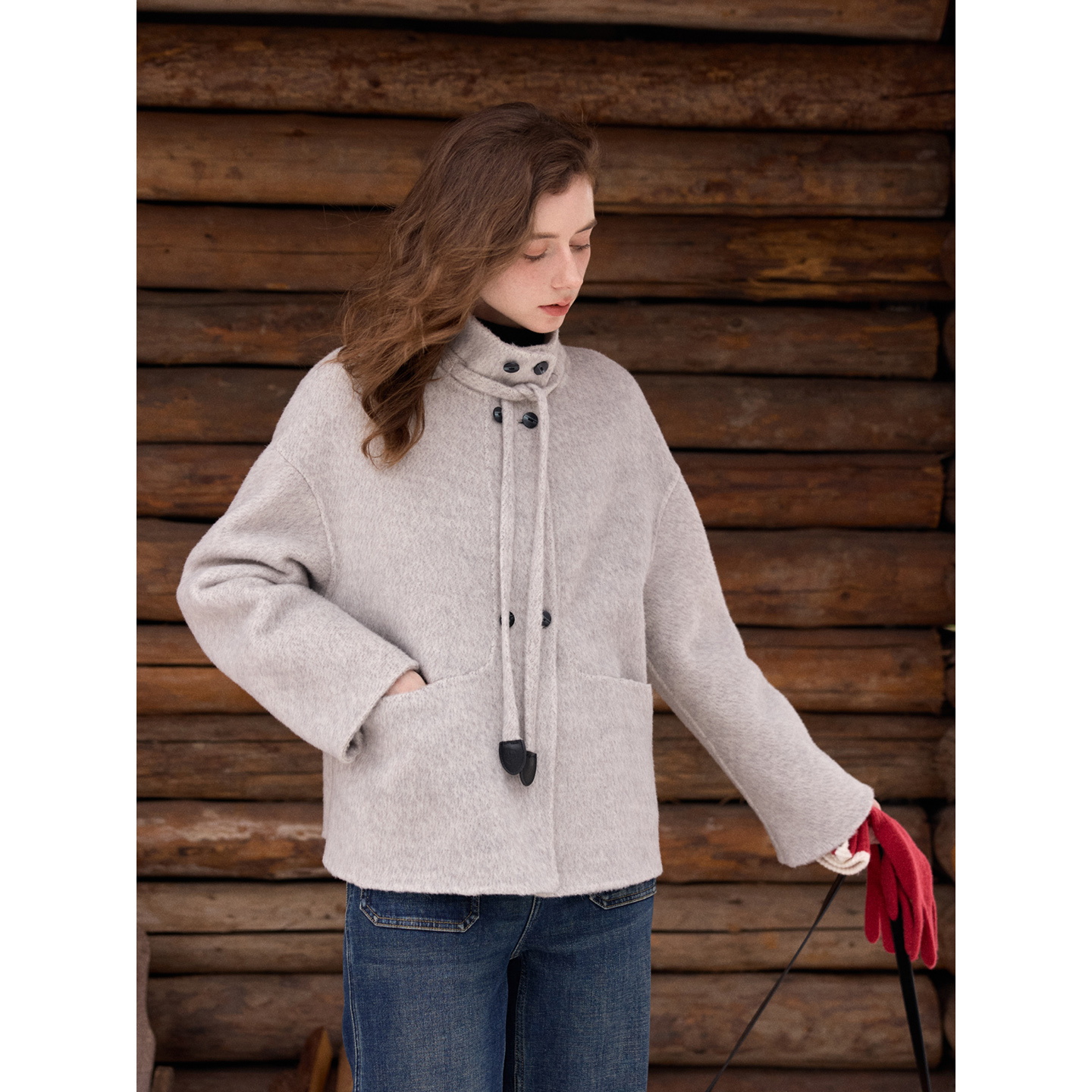 SimpleRetro塞维利亚 全绵羊毛系带短款双面呢外套女立领毛呢大衣