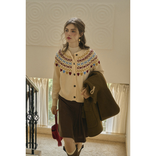 SimpleRetro玫瑰蜜酥 女古着提花毛衣外套 巴兰素羊毛费尔岛针织衫