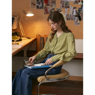 SimpleRetro青柠汽水 天丝亚麻法式压褶v领长袖衬衫女通勤上衣