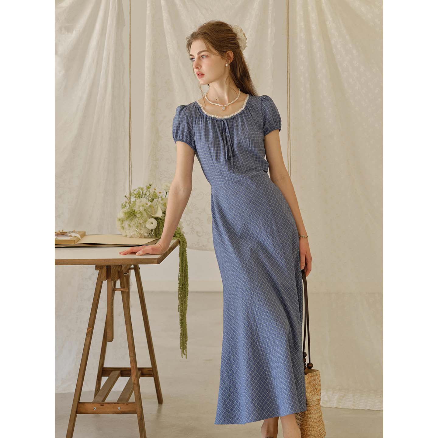 【4/23 20点新品9折】法式绑带撞色花边格子连衣裙女泡泡袖长裙子