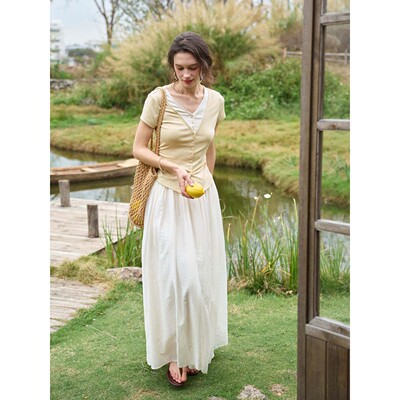 SimpleRetro叠影香颂 基础v领撞色假两件短袖T恤女夏收褶显瘦上衣