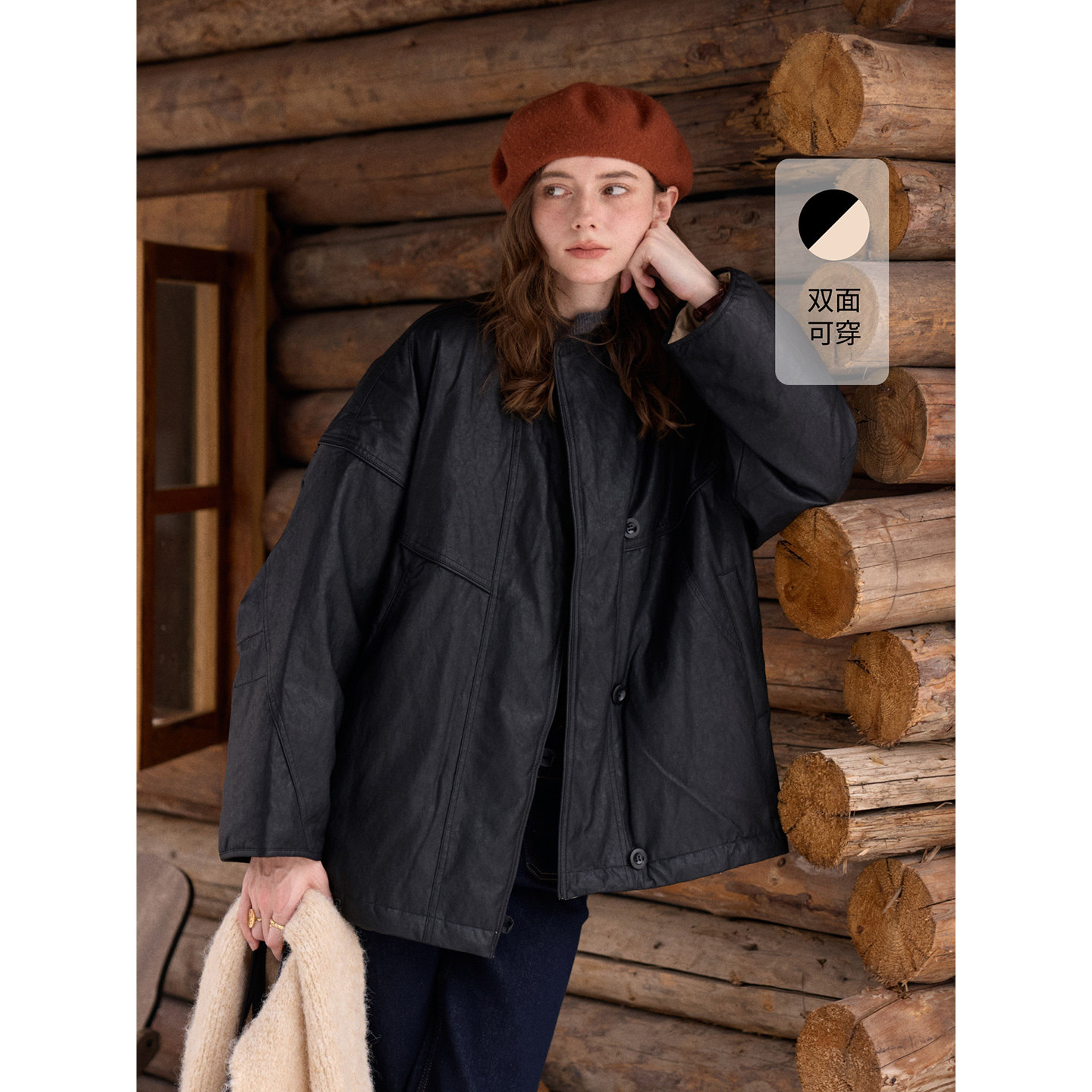 SimpleRetro雾港深冬 90白鸭绒斜门襟两面穿中长款羽绒服外套女冬