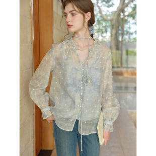 0点新品 9折 气质波点提花薄纱长袖 女吊带罩衫 衬衫 两件套
