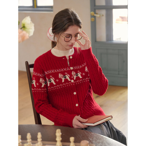 SimpleRetro新春暖阳 马年图案提花费尔岛针织衫女春绞花新年毛衣