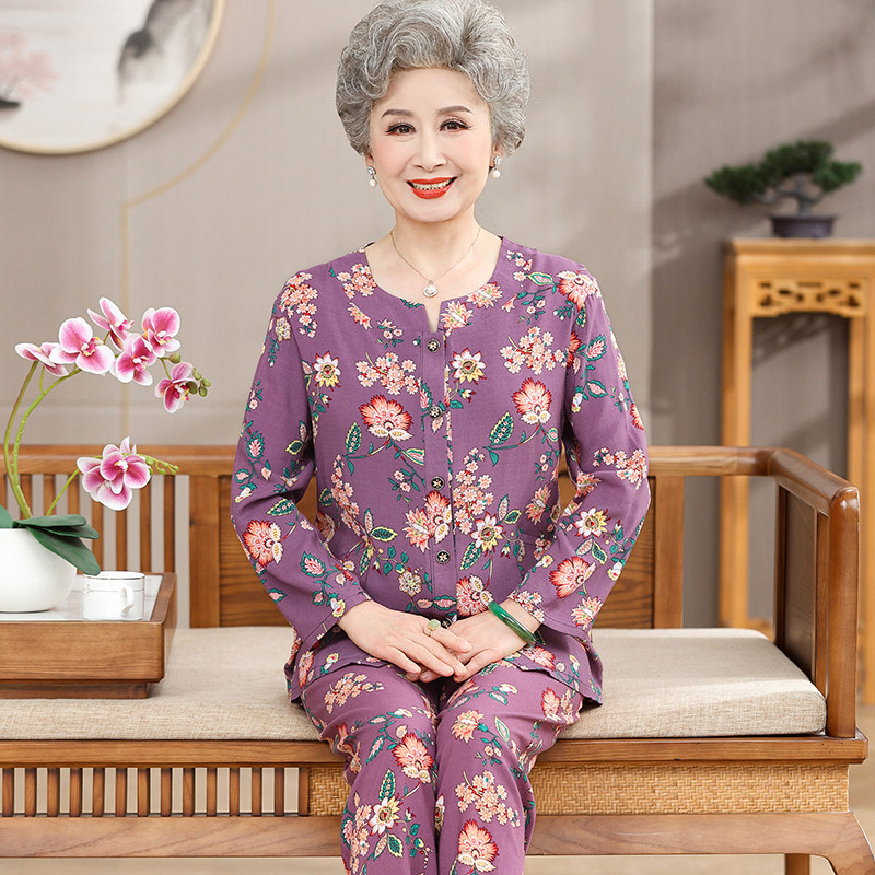 老年人睡衣女夏季棉绸妈妈长袖套装绵绸中老年家居服人造棉奶奶装