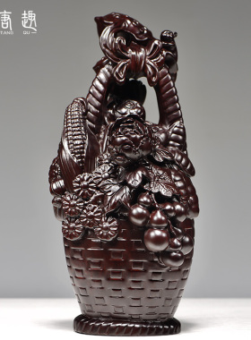 黑檀实木雕刻花篮大丰收摆件实木客厅玄关电视柜装饰红木质工艺品