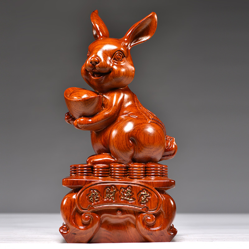 花梨木雕兔子摆件红木工艺品实木