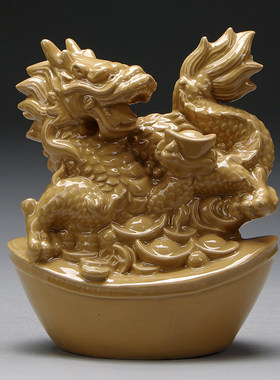 土黄色陶瓷飞龙摆件十二生肖龙吉祥物客厅补角化解家居装饰工艺品
