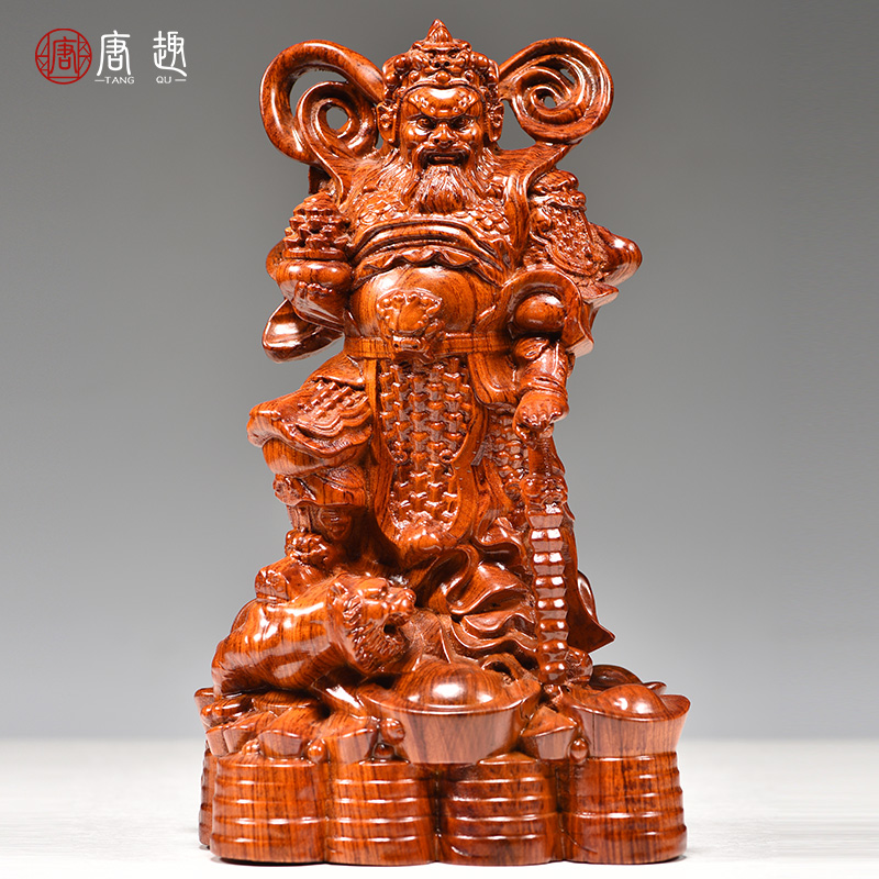 花梨实木雕刻赵公明摆件站立武财神像客厅五路财神佛像桌面工艺品