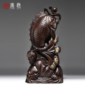 黑檀木雕刻富贵有余鱼摆件动物金龙鱼家居客厅公司店铺装 饰工艺品