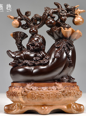 黑檀木雕财运亨通摆件实木雕刻财神爷钱袋金元宝聚宝盆装饰工艺品