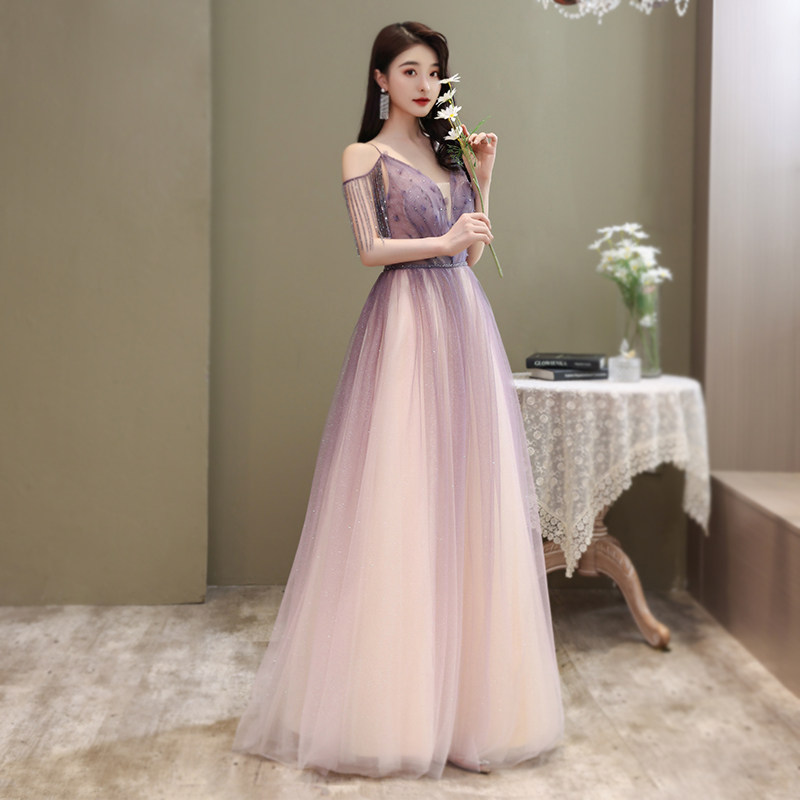 梦幻森系晚礼服女2020新款宴会气质仙气粉紫色长款连衣裙气场女王