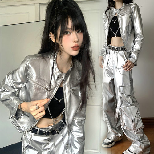 银色机车外套炫彩亮面舞台演出服
