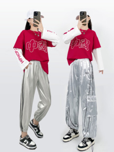 学生街舞套装成人男女国潮嘻哈宽松演出年会元旦银色舞蹈表演服装