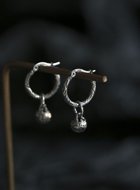 复古做旧铃铛款耳环纯银S925男女情侣耳圈不掉色小众耳钉百搭耳饰