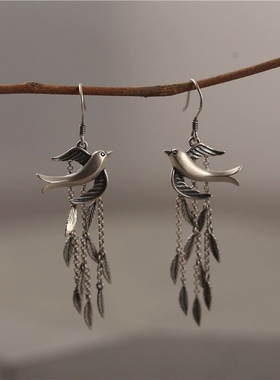 新中式原创设计S925银复古简约树叶流苏文艺耳环钩气质小燕子耳坠