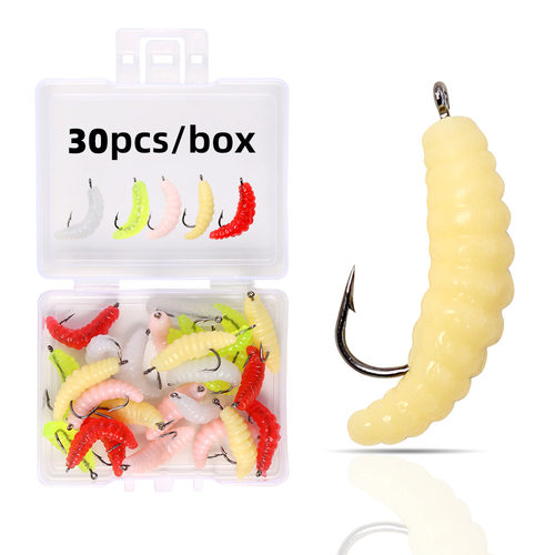 苦茶30个盒装路亚软饵混色带钩面包虫 跨境仿生软虫软饵垂钓小