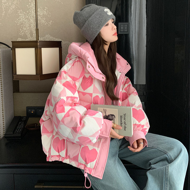 2025爆款冬装粉色爱心白鸭绒暖和羽绒服