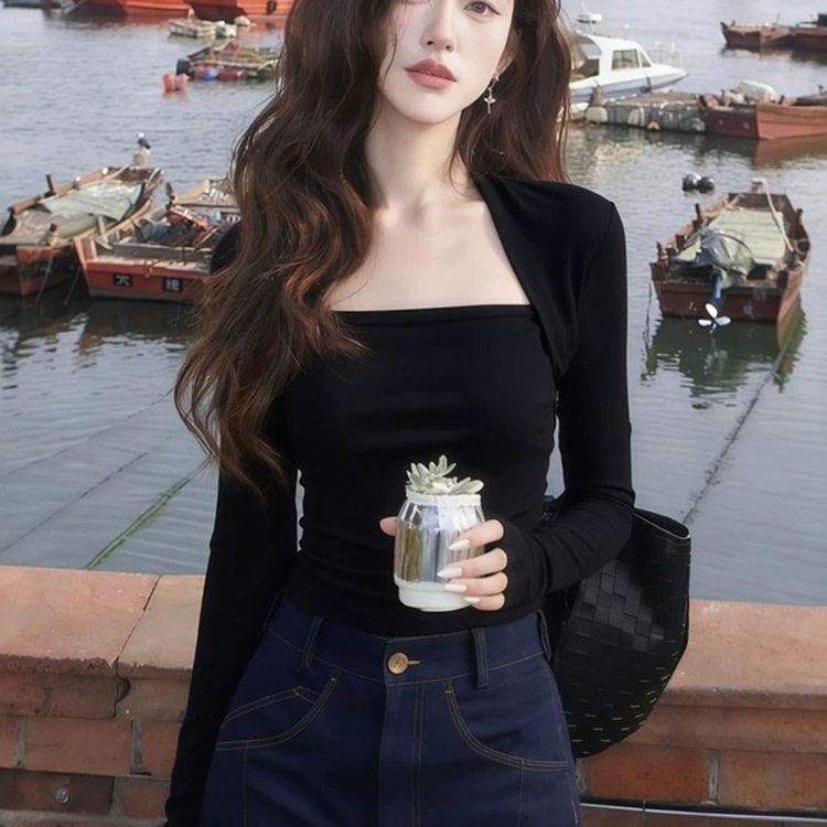 法式复古酒红色方领长袖