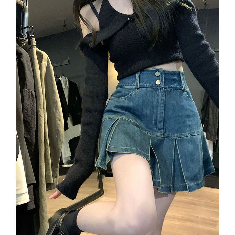 高腰百褶牛仔半身裙女夏