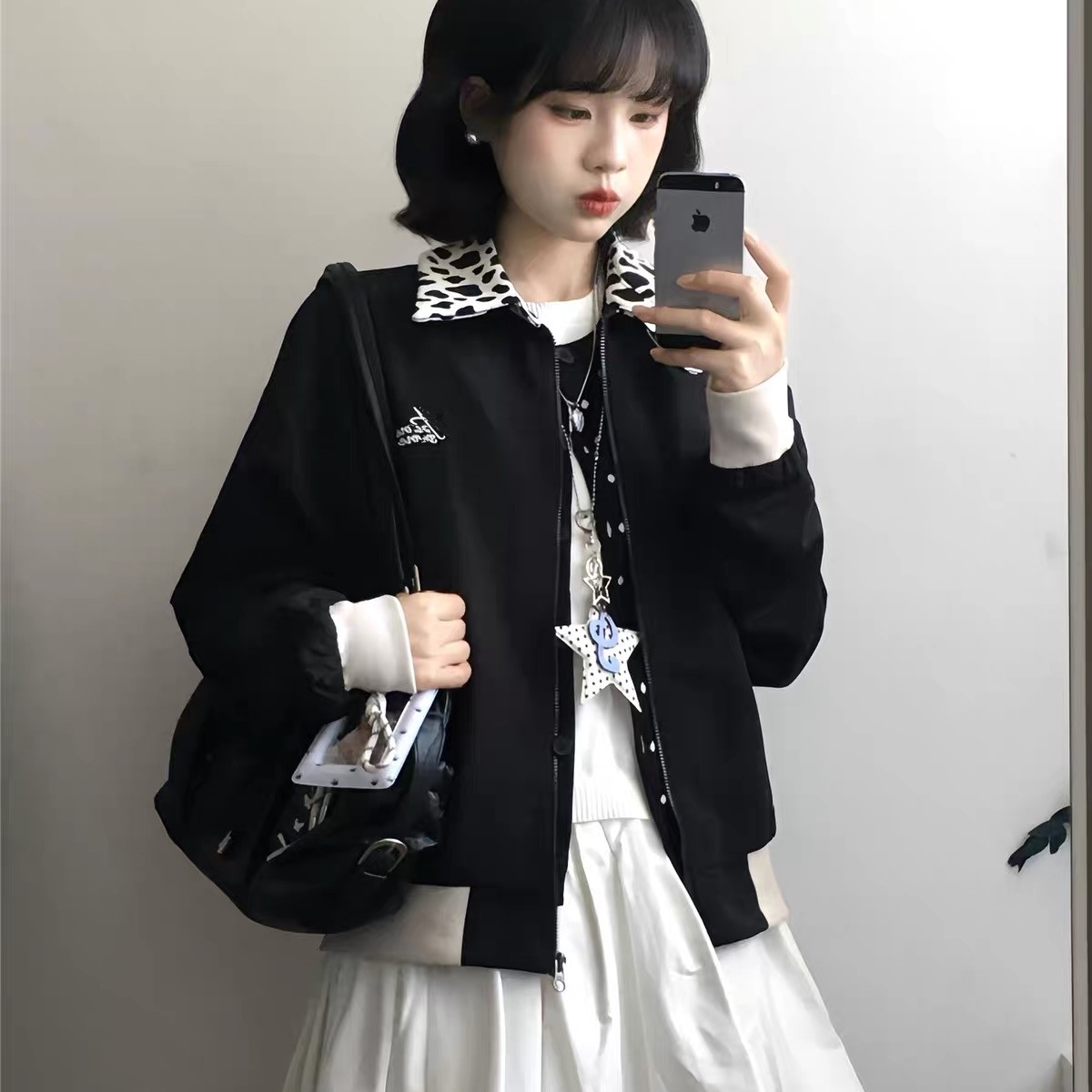 日系翻领拼接黑色外套女