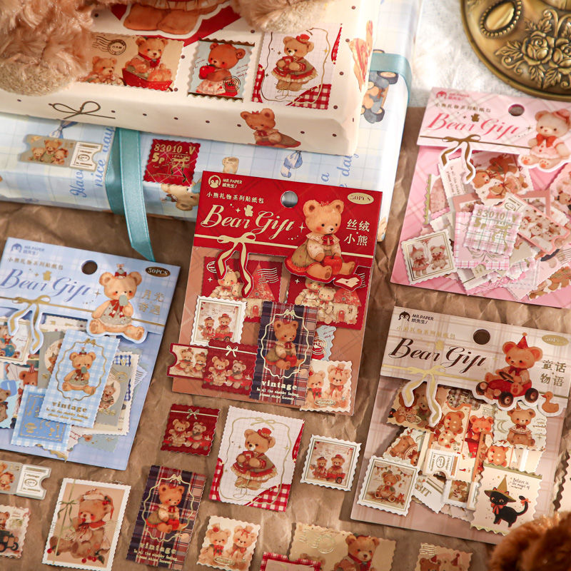 小熊礼物烫金邮票贴纸包文艺ins轻复古手账diy装饰贴纸可爱封口贴