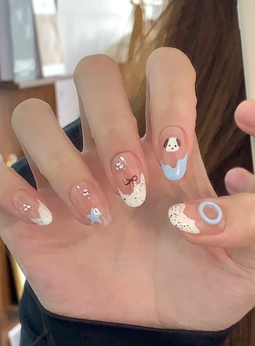 纯手工穿戴甲手绘可爱卡通小狗彩绘美甲短款韩系可拆卸指甲片短圆