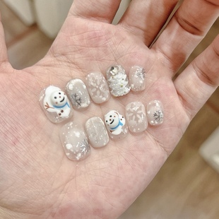 纯手工穿戴甲秋冬手绘可爱雪人圣诞美甲甲片短款 显白卡通指甲贴片