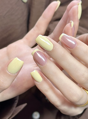 奶黄色海莉法式夏日短款纯手工穿戴甲高级感简约清新显白美甲甲片