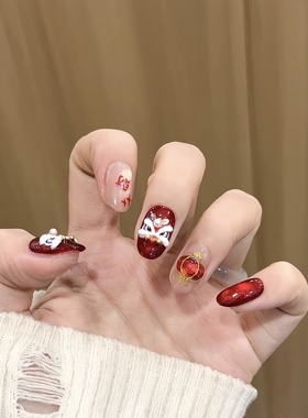 纯手工新年高级感红色醒狮美甲穿戴甲短款甲片成品可拆卸假指甲贴