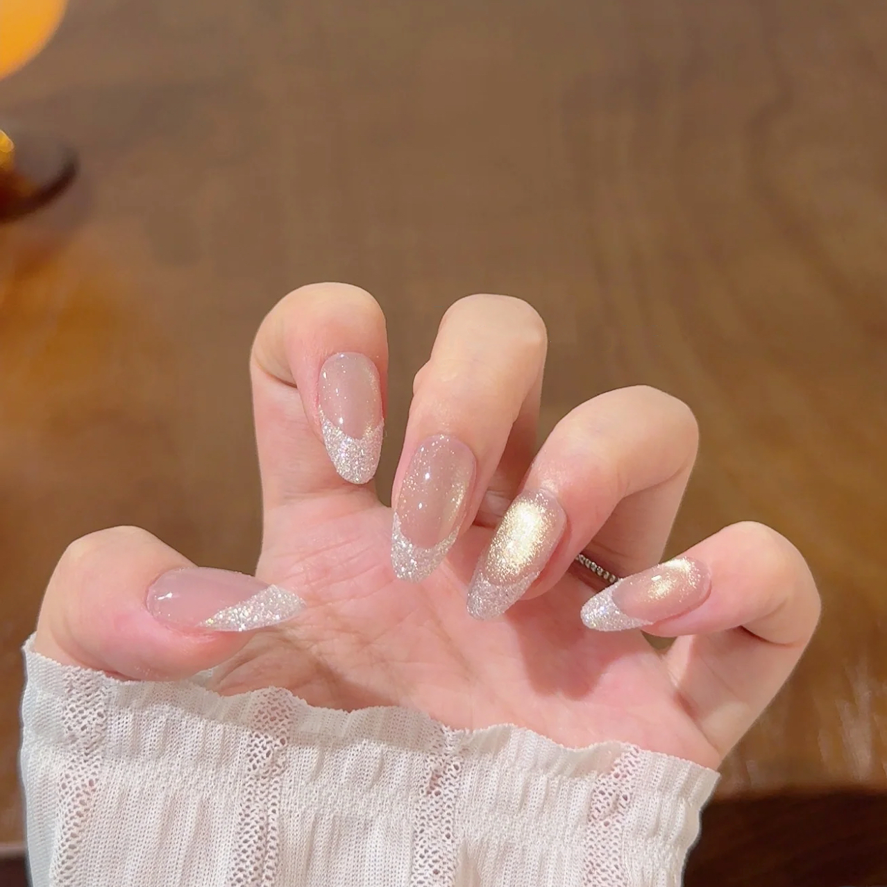 手工穿戴甲高级碎钻粉爆闪猫眼美甲贴片气质温柔椭圆假指甲可拆卸