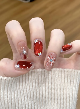 纯手工新年烟花猫眼穿戴甲红色短款美甲贴片成品显白可拆卸指甲片