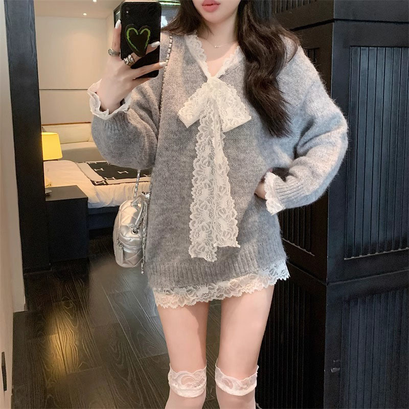 好货慵懒风加厚灰色毛衣女外穿春秋高级感蝴蝶结蕾丝上衣中长款针