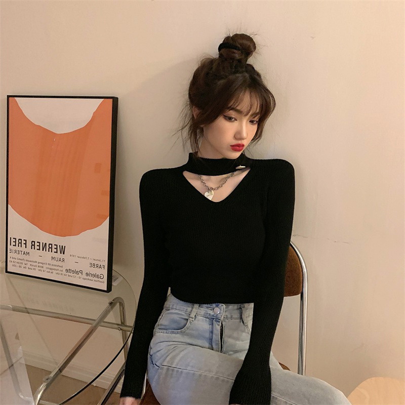 独特设计感小众v领挂脖针织打底衫女春秋加厚洋气毛衣内搭上衣服