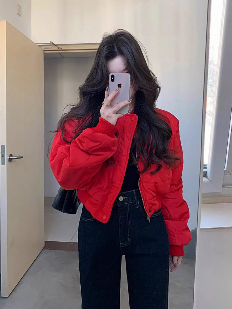 红色夹克棒球服棉服女春秋新款喜庆新年圣诞韩版宽松短款加厚外套
